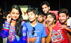 A scene from Teen Tilange, written by Vinod Kumar and directed by Neeraj Kant, being staged at Natrang Studio Theatre in Jammu on Sunday