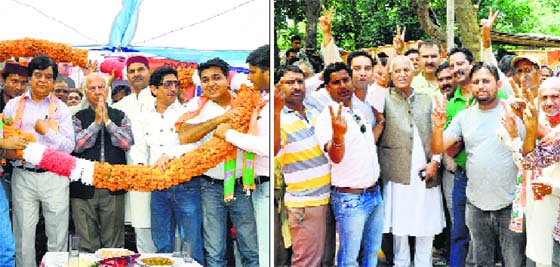 BJPs Shanta Kumar during an election rally in Kangra; (right) Congress' Chander Kumar flashes a victory sign in Dharamsala
