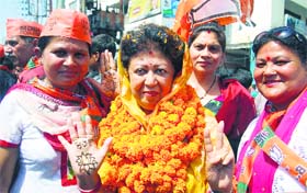 BJP candidate Mala Rajya Laxmi Shah during an election meeting