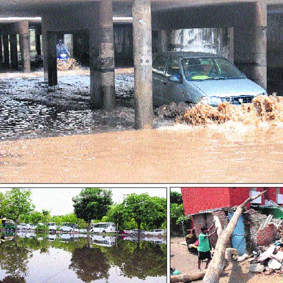 Nature’s Fury: (Clockwise from top) Motorists wade through a waterlogged underpass dividing Sectors 11 and 15; a man tries to remove an uprooted tree that fell on the roof of his house in Sector 28; and water accumulated in the parking area opposite Hotel Taj in Sector 17, Chandigarh. Various parts of the city witnessed heavy rain on Sunday evening