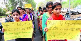 Students hold a protest outside the office of the Director, Public Instructions (S), Sector 9, in Chandigarh on Monday