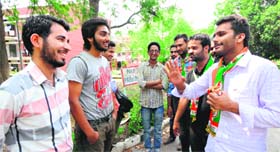 NSUI activists seek votes for Himachal Pradesh Congress candidates from students belonging to the state, at Panjab University on Monday