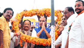 BJP national president Rajnath Singh during an election rally at Kotdwar in Pauri Garhwal district on Monday.