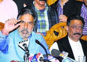Commerce and Industry Minister Anand Sharma addresses mediapersons in Shimla on Monday