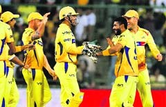 Chennai Super Kings celebrate win over Delhi Daredevils. PTI