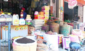 A view of the wholesale grocery shops at Daal Mandi area in Amritsar.
