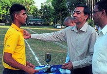 Captain of Pratap House being awarded the Inter House Hockey Cup of the RIMC in Dehradun on Tuesday