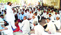 Village representatives hold a panchayat in Bucholi village of Mahendragarh on Tuesday