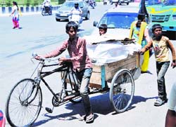 Children pull a rehri near Dogra Chowk in Jammu. Tribune photo: Inderjeet Singh