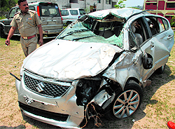 The mangled remains of Samans car at the Chandimandir police station on Wednesday