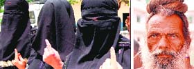 Date with democracy: Muslim women and a saint (right) show their inked fingers in Haridwar on Wednesday