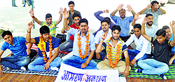 Akhil Bharatiya Vidyarthi Parishad activists sit on a hunger strike at the University of Jammu on Wednesday