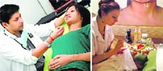 Skin deep: Dr Vikas Sharma treats a patient and (R) a beauty treatment at Cleopatra