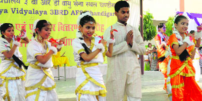 Students of Kendriya Vidyalaya, 3BRD, perform during a prize distribution function on Thursday
