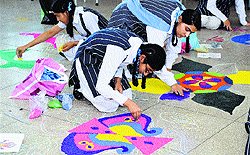 Students participate in a rangoli-making competition at the GNPS, Sarabha Nagar, Ludhiana
