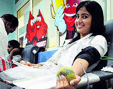 A blood donation camp in progress at the CMCH to mark World Thalassaemia Day in Ludhiana on Thursday
