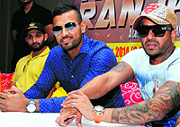 Punjabi singers-cum-actors Jazzy B and Garry Sandhu address a press conference