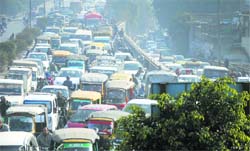 Vehicular traffic has added to the air pollution in Ludhiana. A Tribune photograph