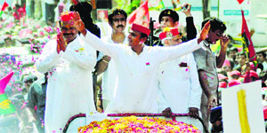 UP Chief Minister Akhilesh Yadav during an SP road show in Varanasi on Saturday.