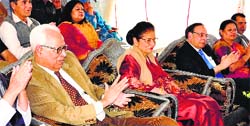 Governor NN Vohra and First Lady Usha Vohra witness a cultural programme at Vasanta Girls High School, Sheetal Nath, Srinagar, on Saturday. A Tribune Photograph 