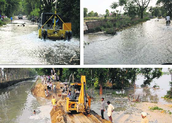 (Clockwise from above): A view of the submerged Bir Talaab road; a cyclist passes through the flooded road; and an earth mover plugs the breach in the Sirhind canal in Bathinda on Sunday