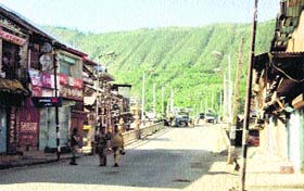 Roads wore a deserted look in Baramulla on Sunday.