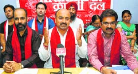 Pritam Sharma, president, Kranti Dal, addresses a press conference in Jammu on Sunday.