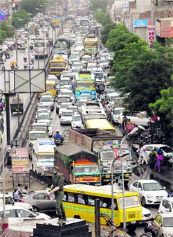 An aerial view of the bumper-to-bumper traffic on GT Road near Fauji Chowk in Bathinda on Monday.