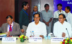 P Chidambaram (R) attends a meeting with executives of PSBs in New Delhi on Tuesday.