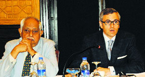 Special envoy Satinder K Lambah with Chief Minister Omar Abdullah at a seminar in Srinagar on Tuesday.