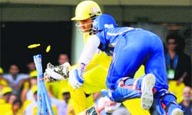 MS Dhonis quick work behind the stumps catches Royals Ajinkya Rahane out of his crease during their contest in Ranchi on Tuesday.