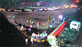 The overturned truck at Majri Chowk in Panchkula on Wednesday