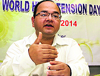 Leading cardiologist Dr Anurag Rawat speaks at a function held to mark World Hypertension Day in Dehradun on Wednesday