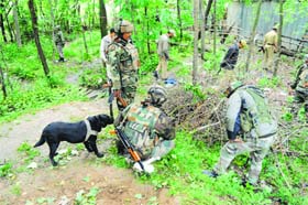 Army men search the area after militants reportedly targeted the house of All India Forward Block leader Asif Jeelani in Kulgam district on Tuesday