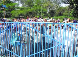 PRTC retired staff protest at the corporations head office in Patiala on Wednesday. Tribune photo