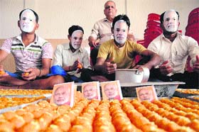 Ladoos being prepared at a sweet shop in Amritsar on Thursday in anticipation of the BJPs victory
