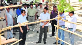 Officials of the district administration review arrangements at a counting centre in Karnal.