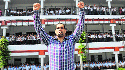 World-famous wrestler The Great Khali during his visit to Police DAV School in Jalandhar on Thursday