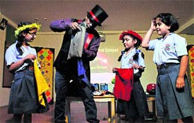 Students take part in a magic show at RIMT School in Chandigarh on Friday.