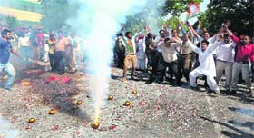 BJP workers celebrate the victory of Kirron Kher in the Lok Sabha elections at the party office, Kamlam, in Sector 33, Chandigarh, on Friday.