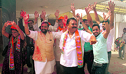 BJP workers have a gala time at the partys office in Dehradun as the party won all five seats in the 2014 Lok Sabha elections. The workers brought along garlands and drums to cheer the winning candidates on Friday