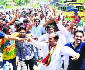 BJP state president and Una MLA Satpal Singh Satti in a jubilant mood with his supporters during a victory celebration in Una on Friday. 