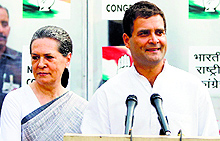 AICC chief Sonia Gandhi and Congress V-P Rahul Gandhi address the media in New Delhi