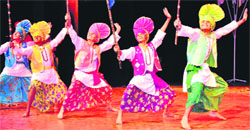 Students of Mount Carmel School, Sector 47-B, perform bhangra during the school cabinet initiation ceremony at Tagore Theatre in Chandigarh on Saturday. Tribune photo: Parvesh Chauhan