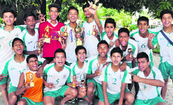 Players of DAV Senior Secondary School in a jubilant mood after winning the Sixth St Soldier Football Trophy in Sector 28, Chandigarh, on Saturday. Tribune photo: Parvesh Chauhan