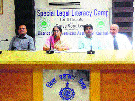 MS Reetu Tagore, District and Sessions Judge, speaks during a special legal literacy camp at the Mini-Secretariat in Kaithal on Saturday.