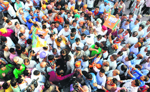 Supporters celebrate Kirron Khers victory at the BJP office in Sector 33, Chandigarh, on Friday.
