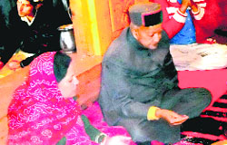 Chief Minister Virbhadra Singh with his wife Pratibha Singh pays obeisance at Hatu Tample near Narkanda in Shimla on Sunday.