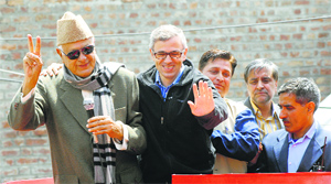 A file photo of Chief Minister Omar Abdullah and Union Minister Farooq Abdullah campaigning during the Lok Sabha elections