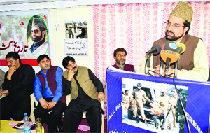 Moderate Hurriyat Conference chairman Mirwaiz Umar Farooq speaks during a seminar in Srinagar on Sunday. 